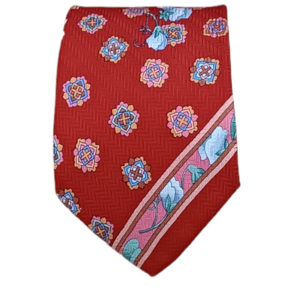 LEONARD PARIS Red Geometric Floral Silk Tie ITALY 58"/ 3.7" EC